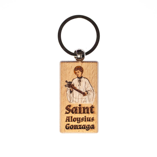 Saint Aloysius Gonzaga, Hand-Colored, Solid Wood Keychain, Engraved in the USA, Catholic
