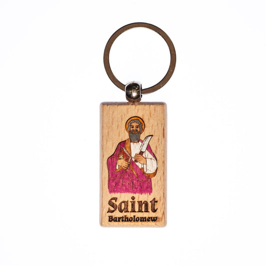 Saint Bartholomew, Hand-Colored, Solid Wood Keychain, Engraved in the USA, Catholic