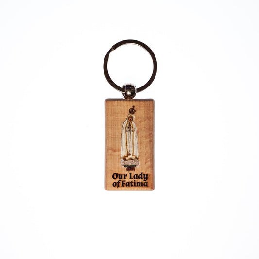 Our Lady of Fatima, Hand-Colored, Solid Wood Keychain, Engraved in the USA, Catholic