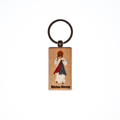 Divine Mercy, Jesus I Trust in You, Hand-Colored, Solid Wood Keychain, Engraved in the USA, Catholic