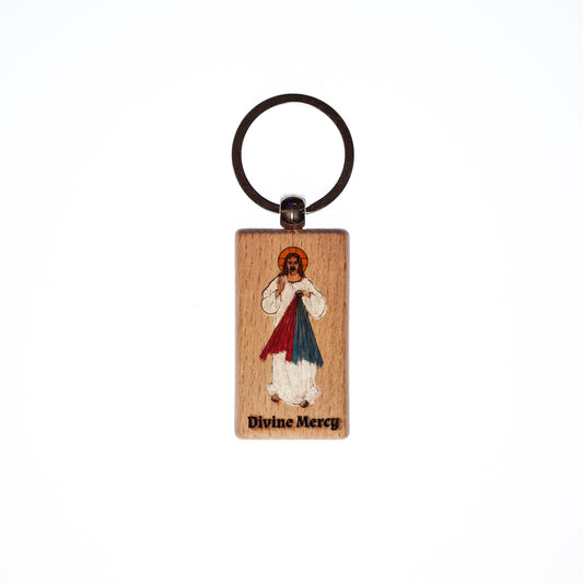 Divine Mercy, Jesus I Trust in You, Hand-Colored, Solid Wood Keychain, Engraved in the USA, Catholic