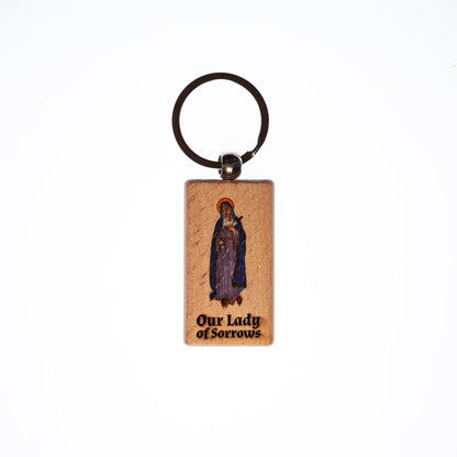 Our Lady of Sorrows, Hand-Colored, Solid Wood Keychain, Engraved in the USA, Catholic
