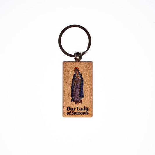 Our Lady of Sorrows, Hand-Colored, Solid Wood Keychain, Engraved in the USA, Catholic