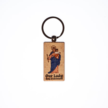 Our Lady Help of Christians, Hand-Colored, Solid Wood Keychain, Engraved in the USA, Catholic