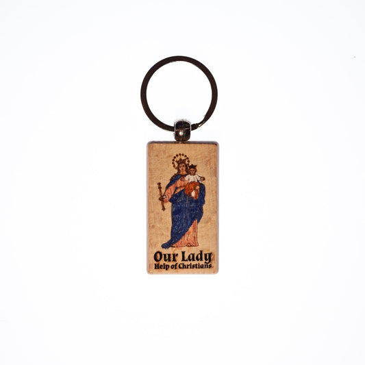 Our Lady Help of Christians, Hand-Colored, Solid Wood Keychain, Engraved in the USA, Catholic