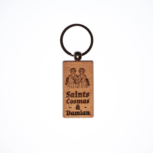 Saints Cosmas & Damian, Solid Wood Keychain, Engraved in the USA, Catholic