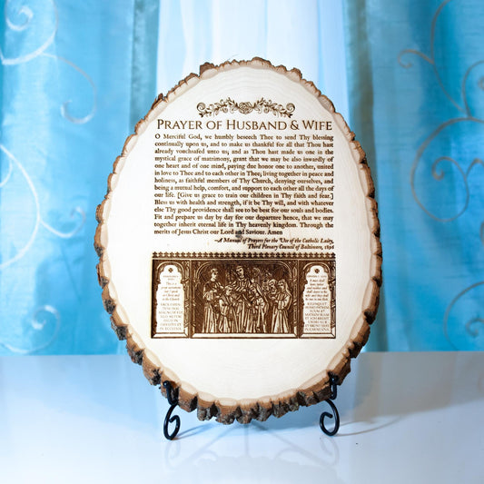 Prayer of Husband and Wife, 9 3/4 x 12 3/4 inch Laser-Engraved Wood Wall Art with Rustic Bark Edges  | Engraved in the USA | Catholic Living