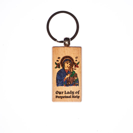 Our Lady of Perpetual Help, Hand-Colored, Solid Wood Keychain, Engraved in the USA, Catholic