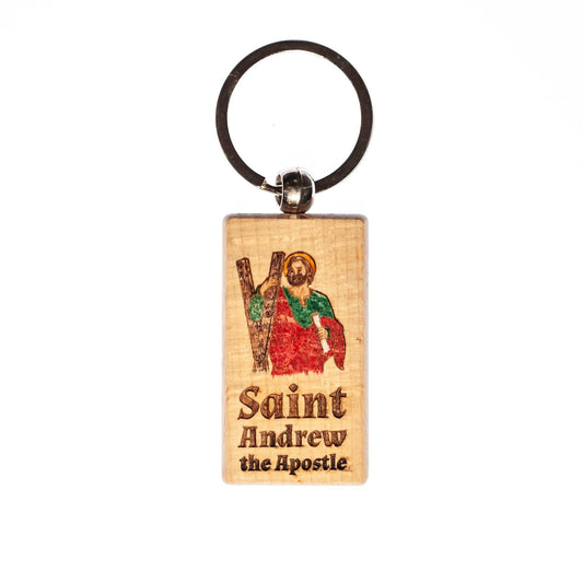 Saint Andrew the Apostle, Hand-Colored, Solid Wood Keychain, Engraved in the USA, Catholic