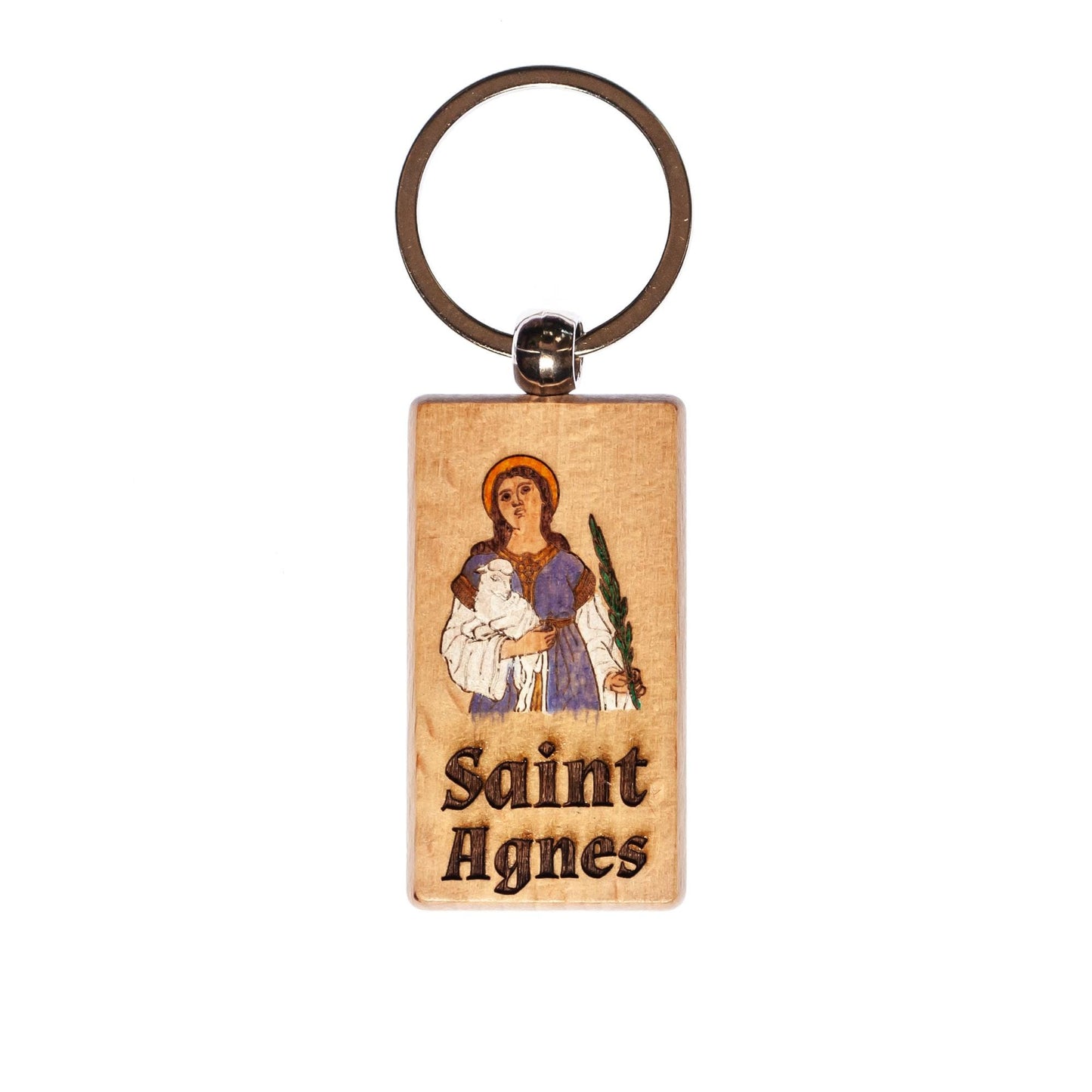 Saint Agnes, Hand-Colored, Solid Wood Keychain, Engraved in the USA, Catholic