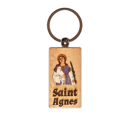 Saint Agnes, Hand-Colored, Solid Wood Keychain, Engraved in the USA, Catholic