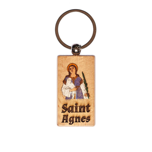 Saint Agnes, Hand-Colored, Solid Wood Keychain, Engraved in the USA, Catholic