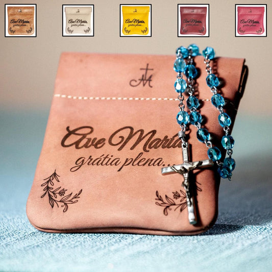Ave Maria, Gratia Plena, Genuine Leather Engraved Rosary Pouch, Handmade in the USA, Catholic