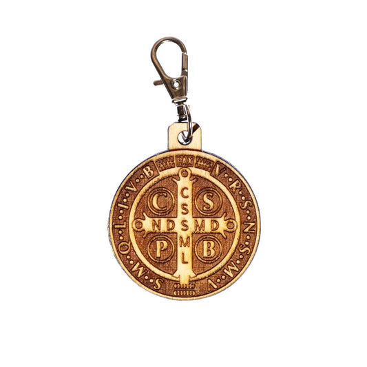 Saint Benedict Medal Engraved Wood Keychain with Clip for Keys, Backpack, Purse, or Bag, Made in the USA, Catholic