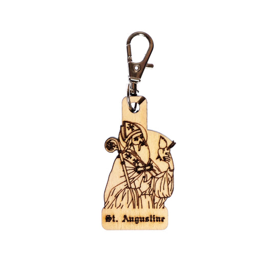 Saint Augustine Engraved Wood Keychain with Clip for Keys, Backpack, Purse, or Bag, Made in the USA, Catholic
