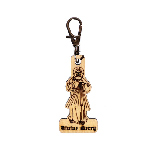 Divine Mercy Engraved Wood Keychain with Clip for Keys, Backpack, Purse, or Bag, Made in the USA, Catholic
