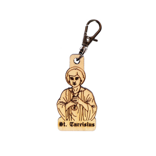 Saint Tarcisius Engraved Wood Keychain with Clip for Keys, Backpack, Purse, or Bag, Made in the USA, Patron of Altar Servers