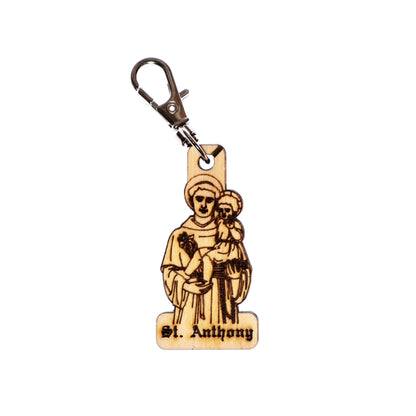 Saint Anthony Engraved Wood Keychain with Clip for Keys, Backpack, Purse, or Bag, Made in the USA, Catholic