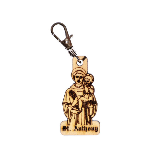 Saint Anthony Engraved Wood Keychain with Clip for Keys, Backpack, Purse, or Bag, Made in the USA, Catholic