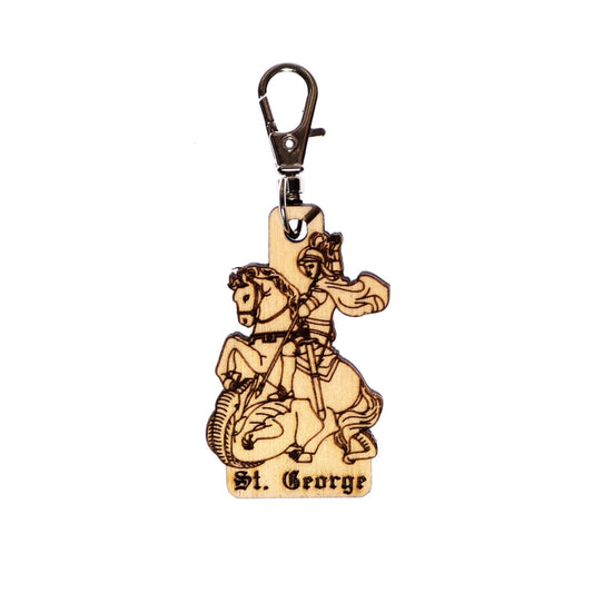 Saint George Engraved Wood Keychain with Clip for Keys, Backpack, Purse, or Bag,  Made in the USA, Catholic
