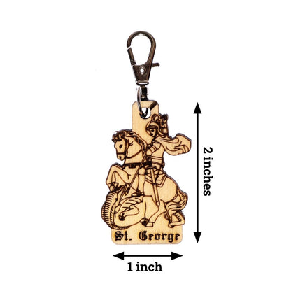 Saint George Engraved Wood Keychain with Clip for Keys, Backpack, Purse, or Bag,  Made in the USA, Catholic