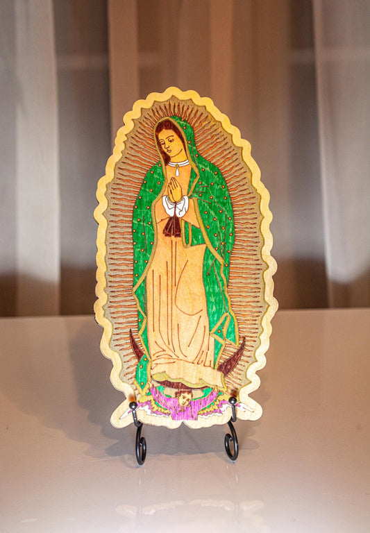 Our Lady of Guadalupe, Hand-Colored Laser Engraved Wall Art, 11" x 5.75", Engraved and Hand-Colored in the USA, Catholic Living