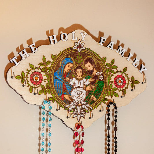Large Hand-Colored Holy Family Rosary Hanger, 13 Hooks, 11.75 x 7.75 Inches, Made in the USA, Jesus, Mary and Joseph, Catholic Living