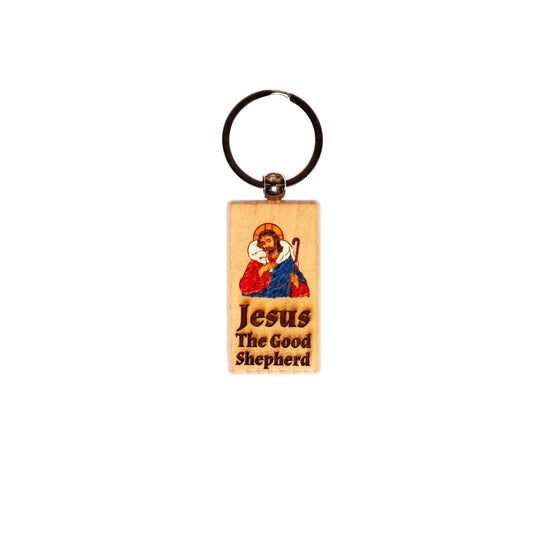 Jesus the Good Shepherd, Hand-Colored, Solid Wood Keychain, Engraved in the USA, Catholic