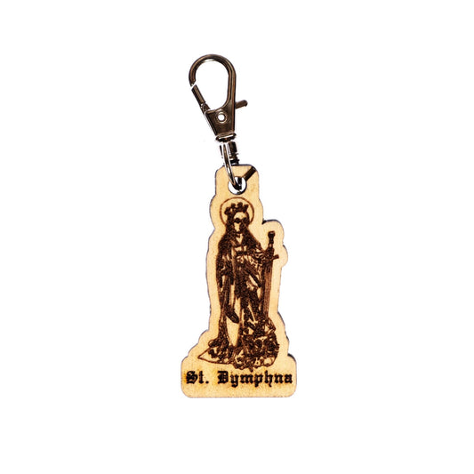 Saint Dymphna Engraved Wood Keychain with Clip for Keys, Backpack, Purse, or Bag, Made in the USA, Catholic
