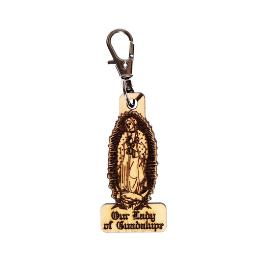 Our Lady of Guadalupe Engraved Wood Keychain with Clip for Keys, Backpack, Purse, or Bag, Made in the USA, Catholic