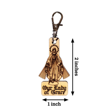 Our Lady of Grace Engraved Wood Keychain with Clip for Keys, Backpack, Purse, or Bag, Made in the USA, Catholic