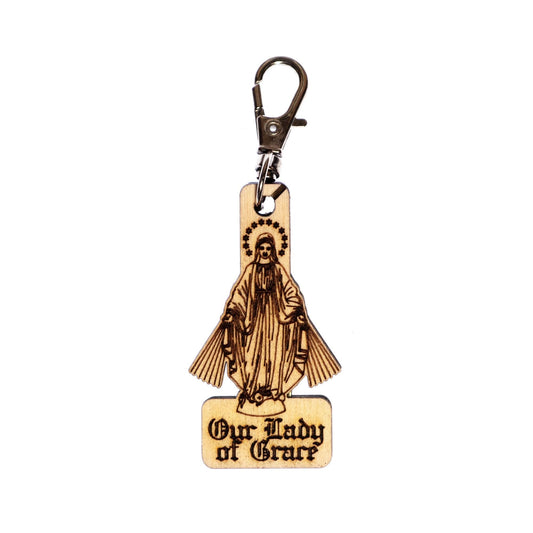 Our Lady of Grace Engraved Wood Keychain with Clip for Keys, Backpack, Purse, or Bag, Made in the USA, Catholic