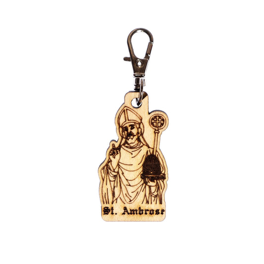 Saint Ambrose Engraved Wood Keychain with Clip for Keys, Backpack, Purse, or Bag, Made in the USA, Catholic