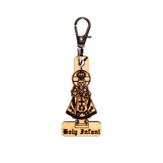 Holy Infant of Prague Engraved Wood Keychain with Clip for Keys, Backpack, Purse, or Bag, Made in the USA, Catholic