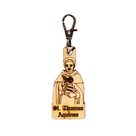 Saint Thomas Aquinas Engraved Wood Keychain with Clip for Keys, Backpack, Purse, or Bag, Made in the USA, Catholic