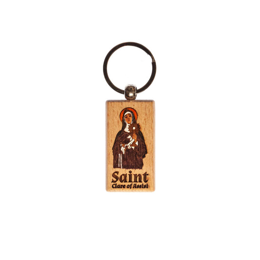 Saint Clare of Assisi, Hand-Colored, Solid Wood Keychain, Engraved in the USA, Catholic