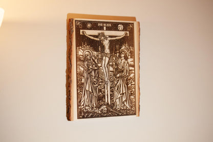 The Crucifixion, 10.5 x 13 inch Laser-Engraved Wood Wall Art with Bark Edge, Engraved in the USA