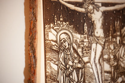 The Crucifixion, 10.5 x 13 inch Laser-Engraved Wood Wall Art with Bark Edge, Engraved in the USA