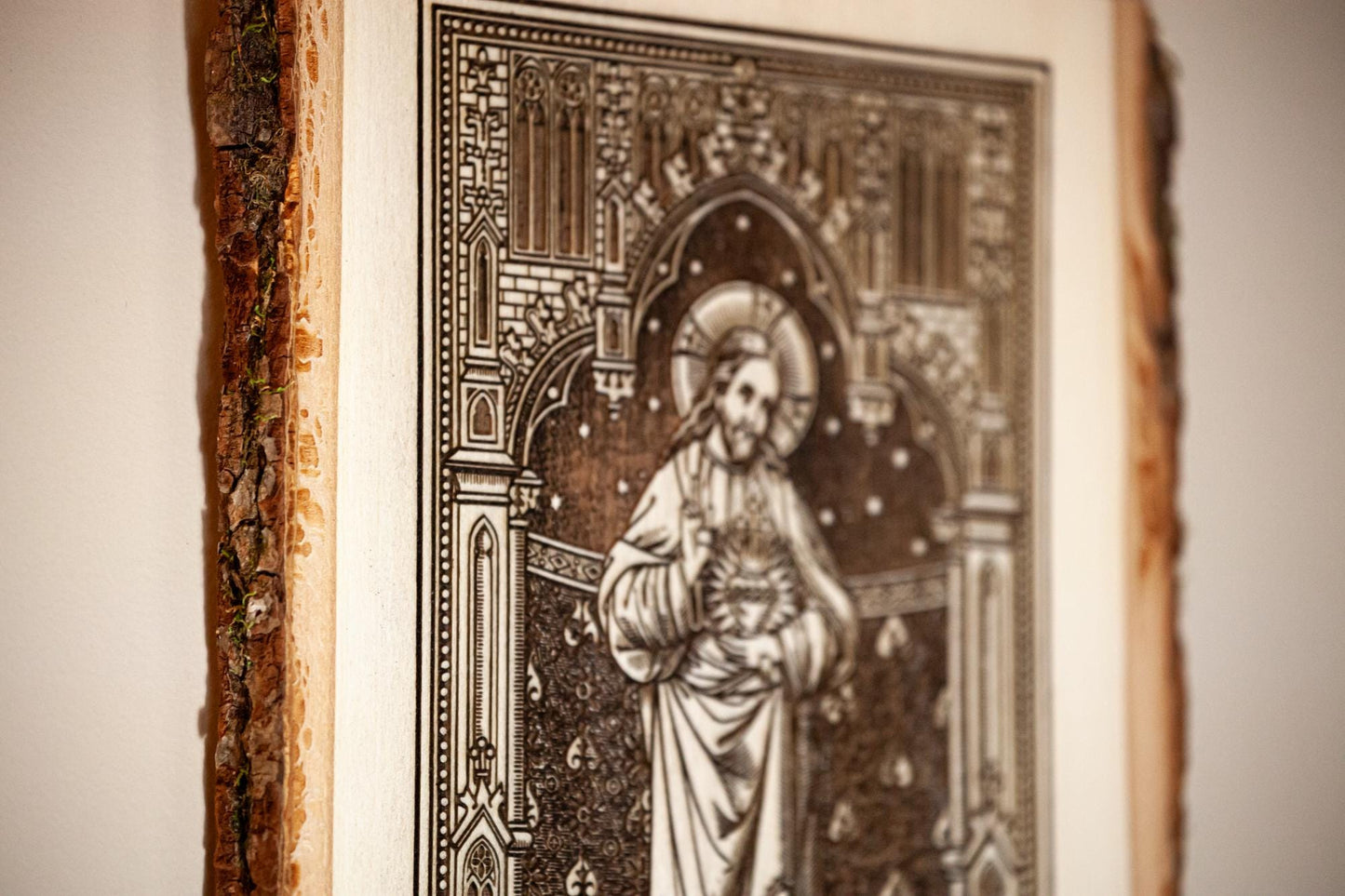 Sacred Heart of Jesus, Learn From Me (Matthew) 8" x 11" Laser-Engraved Wood Wall Art with Bark Edge, Engraved in the USA, Catholic Living