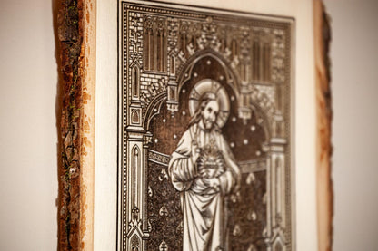 Sacred Heart of Jesus, Learn From Me (Matthew) 8" x 11" Laser-Engraved Wood Wall Art with Bark Edge, Engraved in the USA, Catholic Living