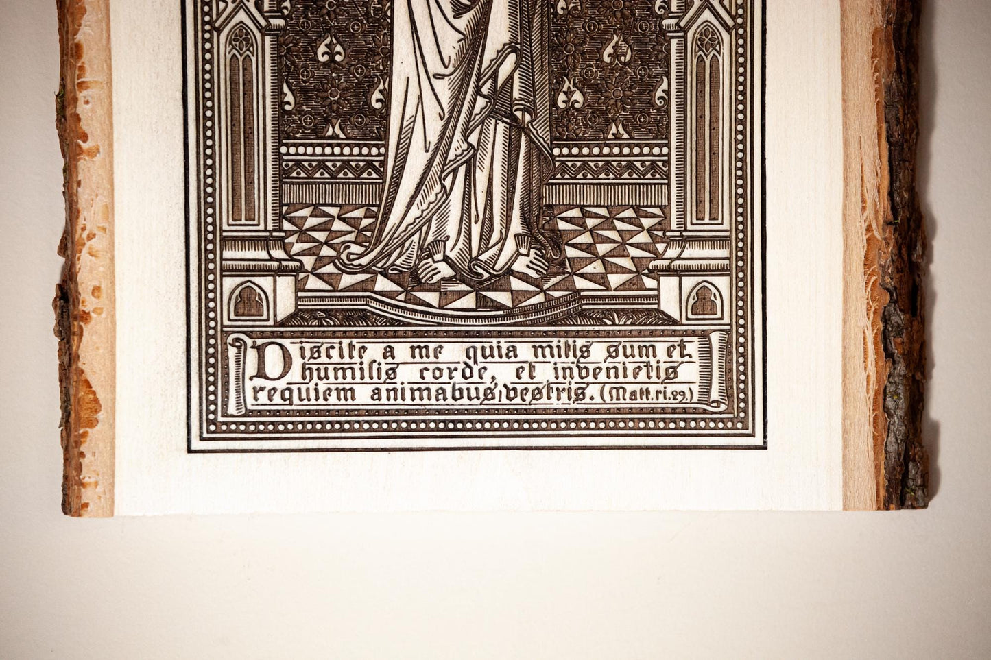 Sacred Heart of Jesus, Learn From Me (Matthew) 8" x 11" Laser-Engraved Wood Wall Art with Bark Edge, Engraved in the USA, Catholic Living