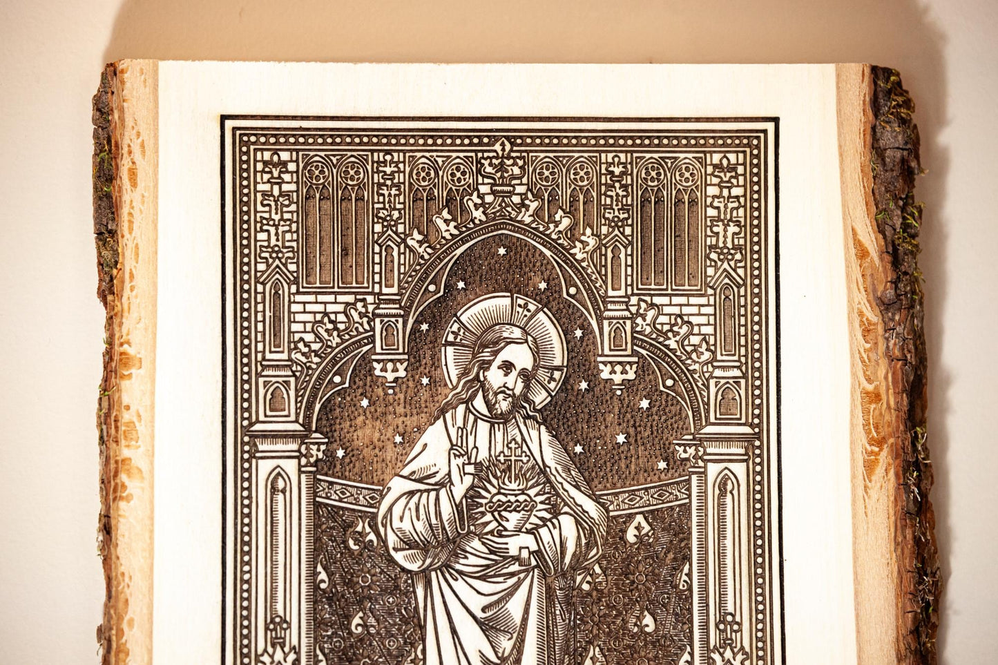 Sacred Heart of Jesus, Learn From Me (Matthew) 8" x 11" Laser-Engraved Wood Wall Art with Bark Edge, Engraved in the USA, Catholic Living
