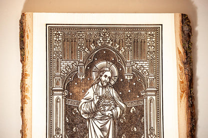 Sacred Heart of Jesus, Learn From Me (Matthew) 8" x 11" Laser-Engraved Wood Wall Art with Bark Edge, Engraved in the USA, Catholic Living