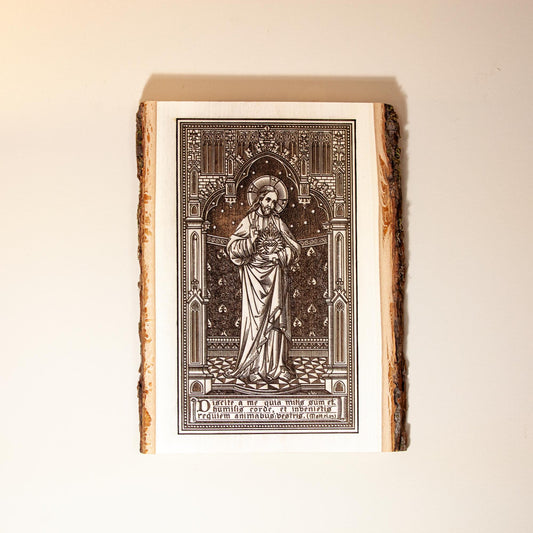 Sacred Heart of Jesus, Learn From Me (Matthew) 8" x 11" Laser-Engraved Wood Wall Art with Bark Edge, Engraved in the USA, Catholic Living