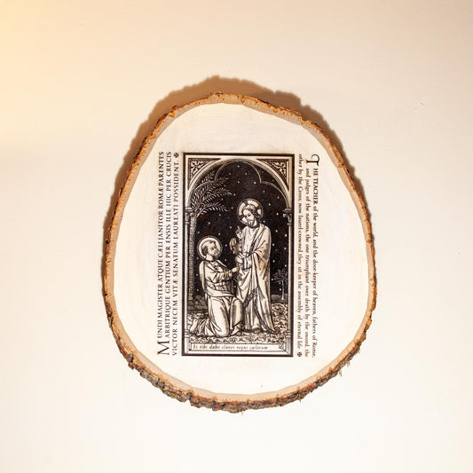 Saint Peter with Jesus, Keys to the Kingdom, 10" x 12" Laser-Engraved Wood Wall Art with Bark Edge, Engraved in the USA, Catholic Living