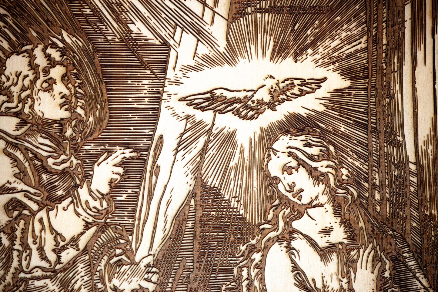 The Annunciation of the Angel Gabriel to Mary 10" x 13" Laser-Engraved Wood Wall Art with Bark Edge, Engraved in the USA, Catholic Living