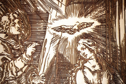The Annunciation of the Angel Gabriel to Mary 10" x 13" Laser-Engraved Wood Wall Art with Bark Edge, Engraved in the USA, Catholic Living