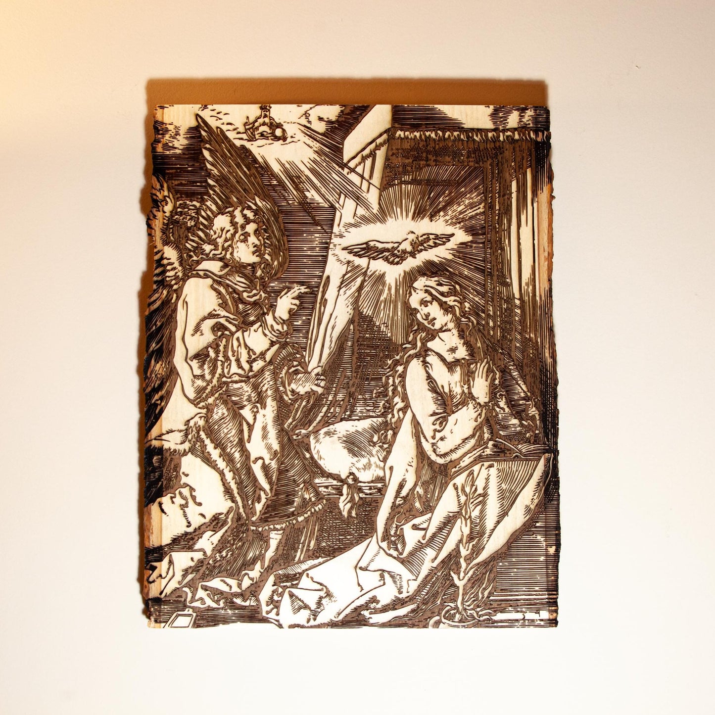 The Annunciation of the Angel Gabriel to Mary 10" x 13" Laser-Engraved Wood Wall Art with Bark Edge, Engraved in the USA, Catholic Living