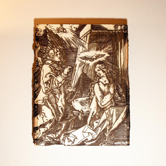 The Annunciation of the Angel Gabriel to Mary 10" x 13" Laser-Engraved Wood Wall Art with Bark Edge, Engraved in the USA, Catholic Living