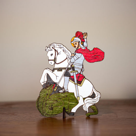 Saint George and the Dragon, Mini Saint Cutout Figurines, Birch Wood, 5" x 4", Laser Cut and Engraved, Made in the USA